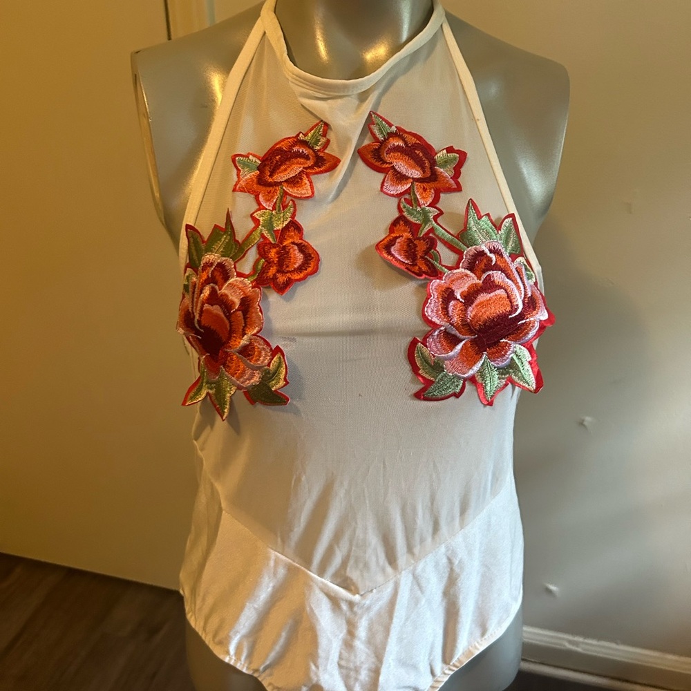 SHEIN White and Red Embellished Halter Bodysuit Swimwear